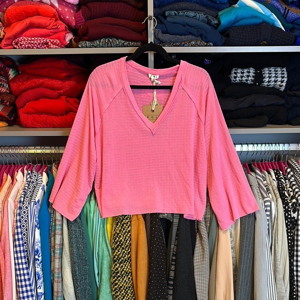 POL pink raw edged v neck dolman sleeve top size S NWT